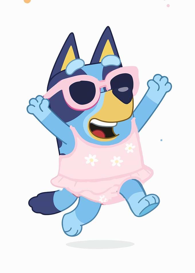 Bluey in a pink swimsuit and sunglasses