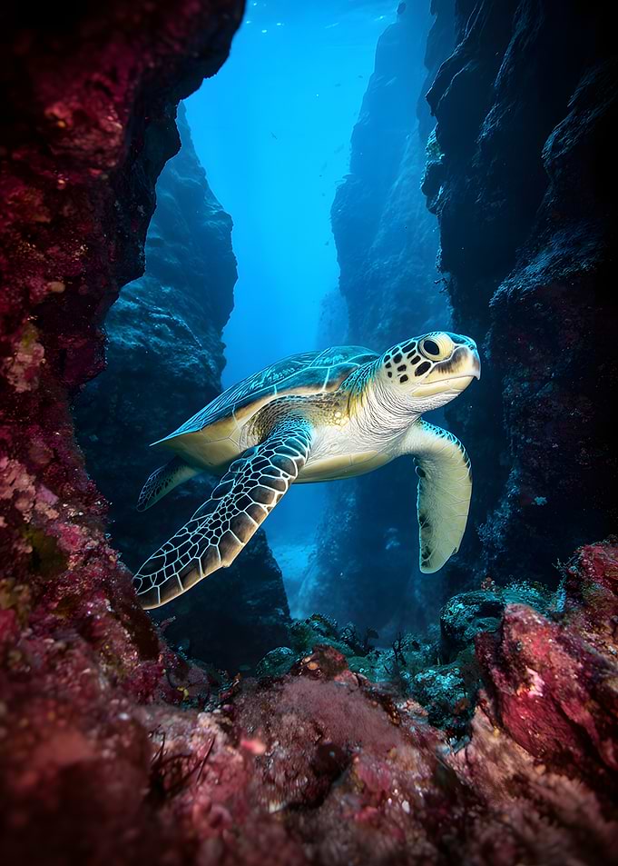 Sea Turtle Swimming Through Canyon