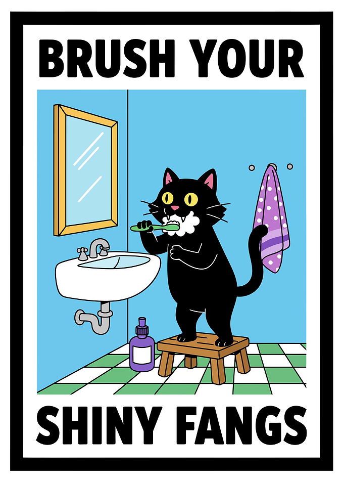 Funny Black Cat Brushing Teeth Fangs - Good Habbits