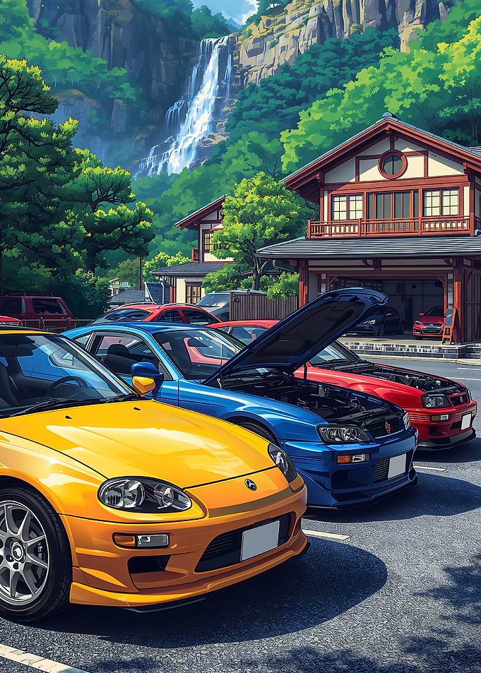 Japanese Cars and Waterfall Landscape
