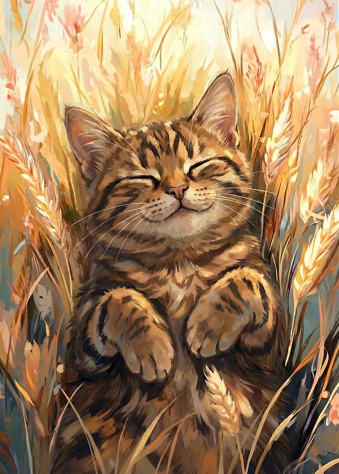 Sleeping Cat in Wheat Field