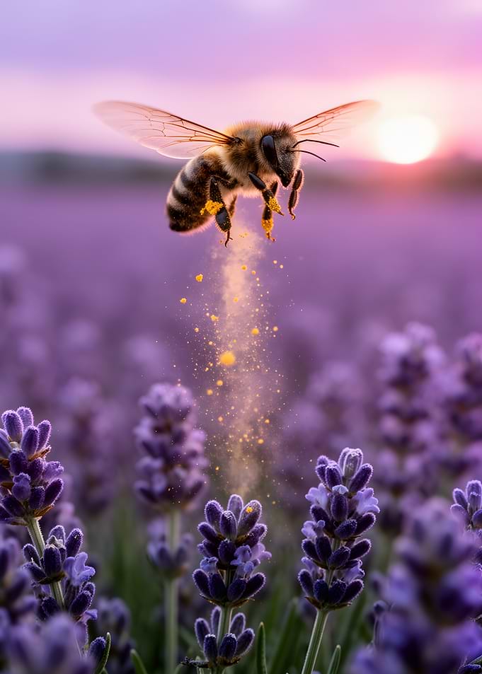 Bee collecting pollen in lavender field at sunset