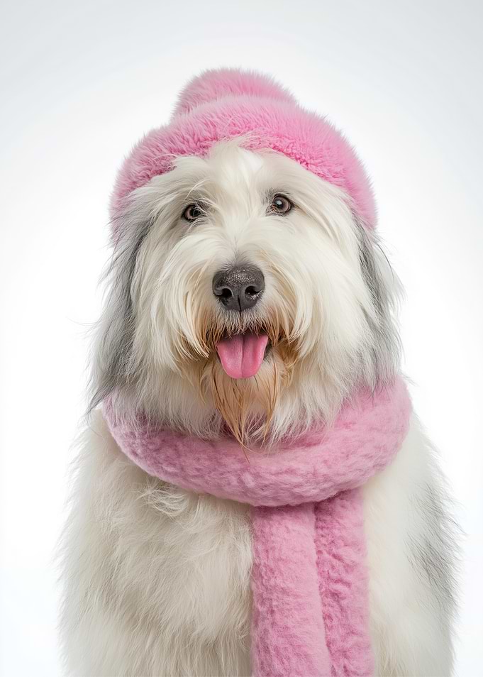 Cozy Old English Sheepdog in Pink Winter Hat and Scarf