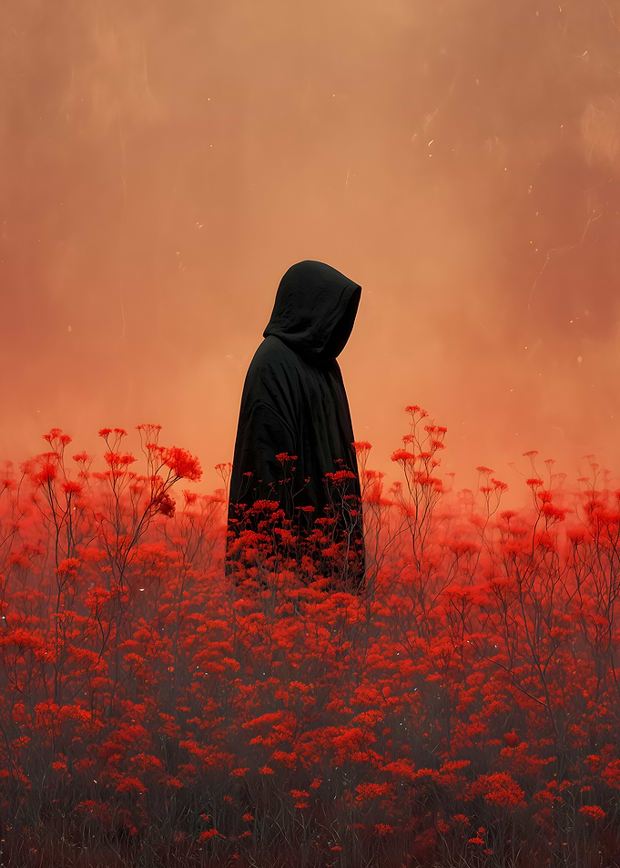 Figure in a field of red flowers