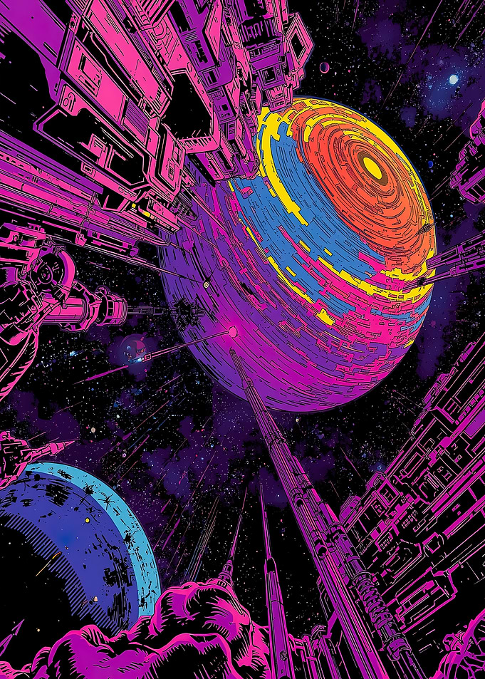 Cyberpunk Space Station with Planets