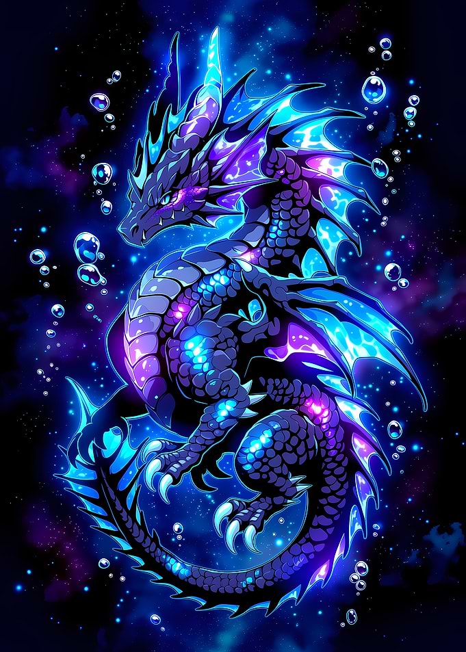 Neon Dragon in Cosmic Waters