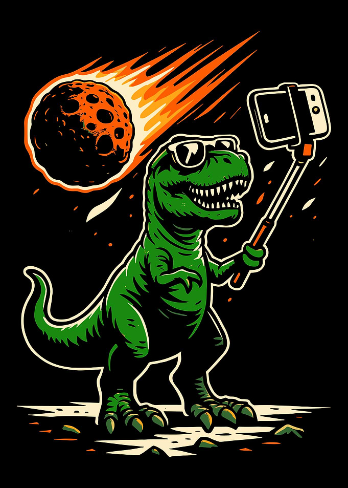 T Rex Selfie Poster, Funny Dinosaur Meteor Wall Art, Prehistoric Meme Print