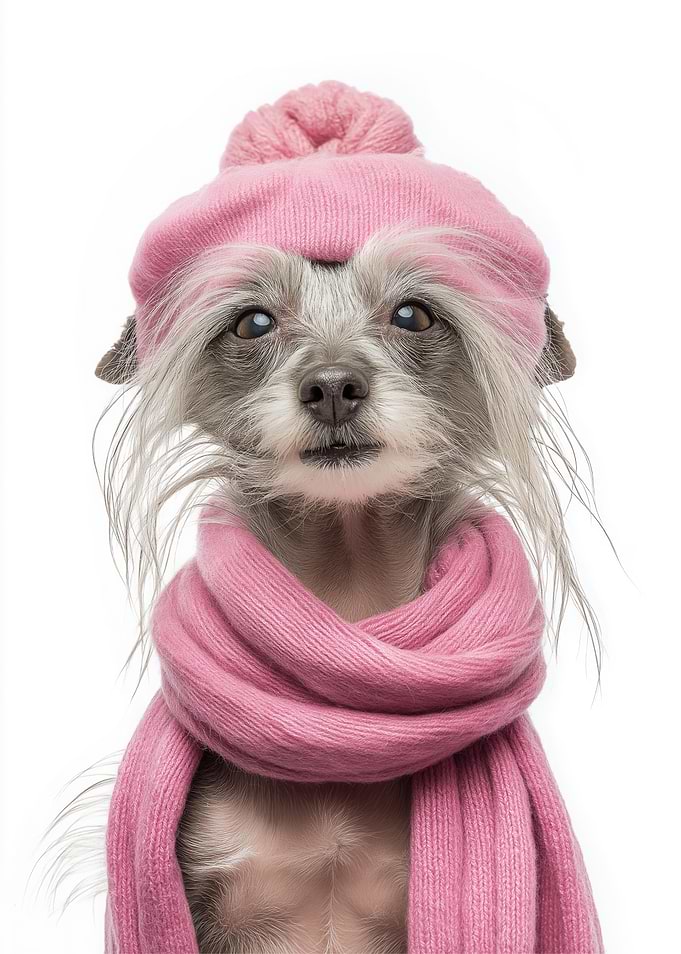 Cozy Chinese Crested Dog Wearing Pink Winter Hat and Scarf