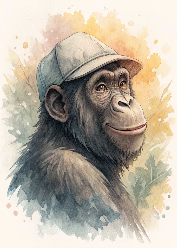 Chimpanzee wearing a baseball cap