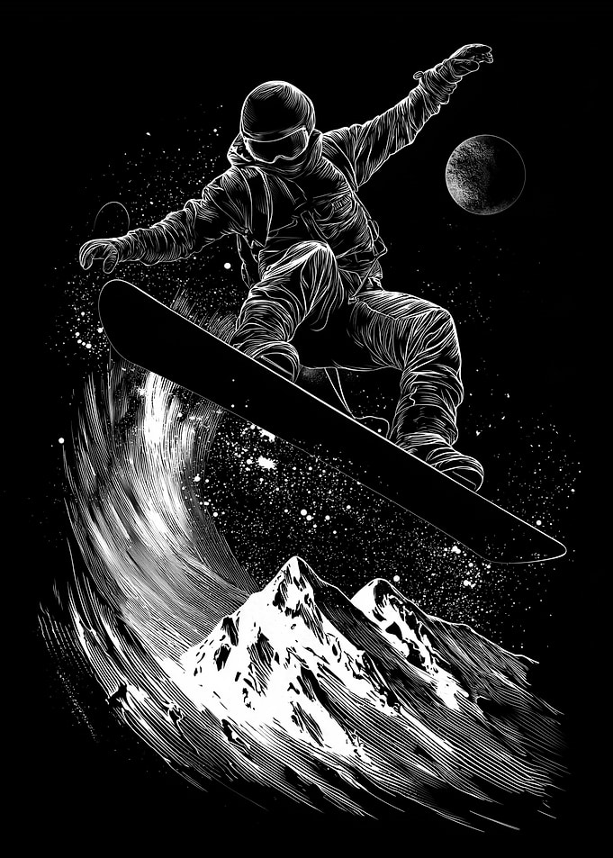 Snowboarder jumping over mountains