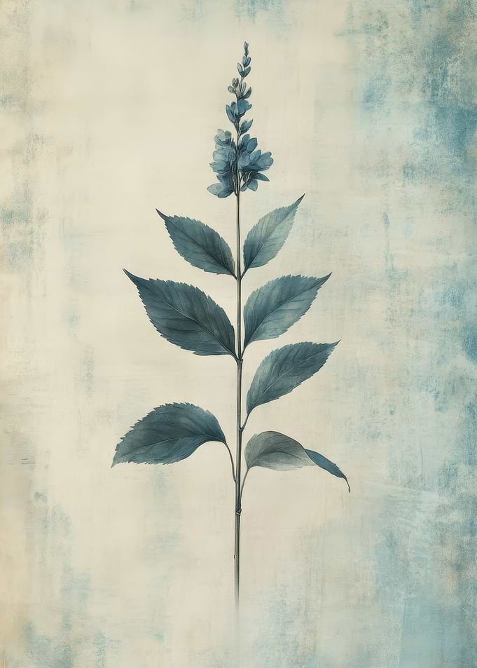 Blue Botanical Illustration | Vintage Oat Grass Botanical Wall Art