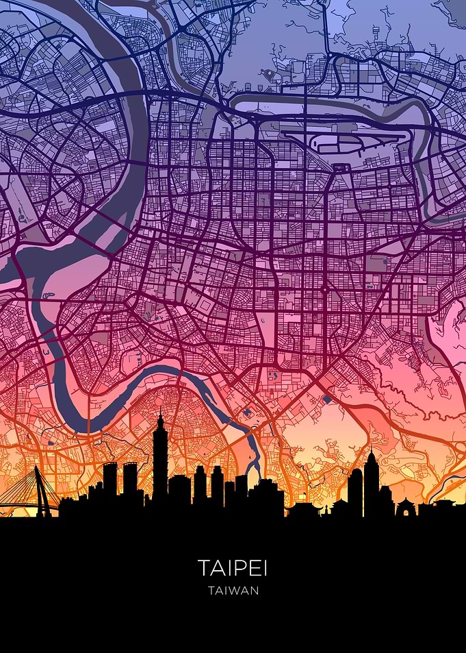 Taipei City Skyline Map Sunset