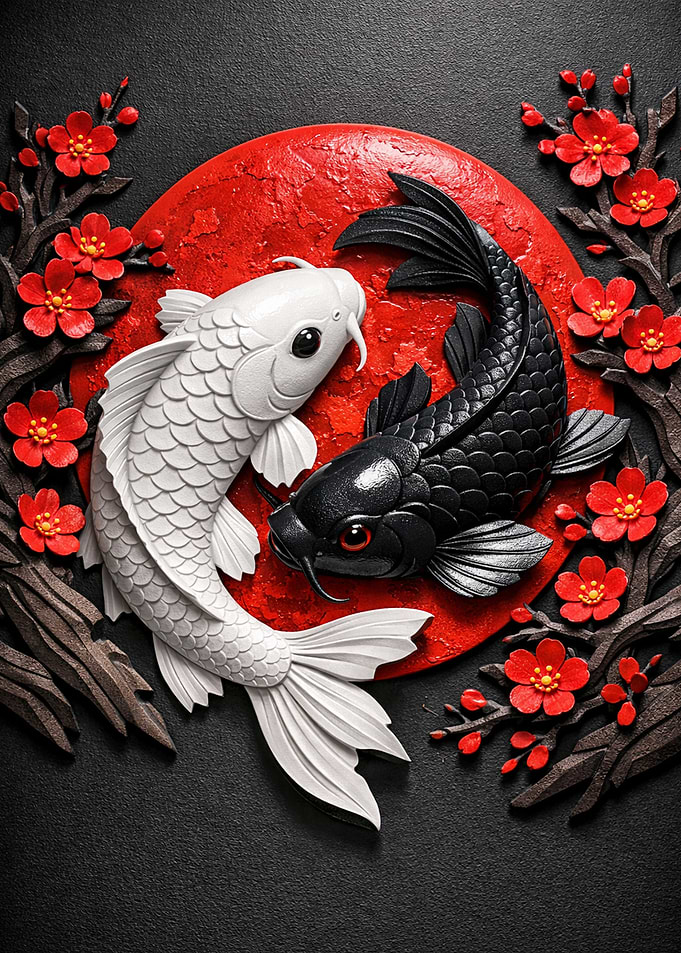 Yin Yang Koi Fish with Red Moon and Cherry Blossoms