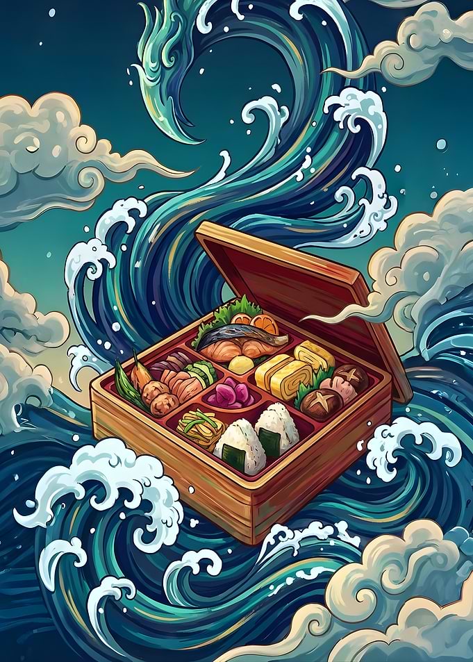 Bento Box Amidst Crashing Waves