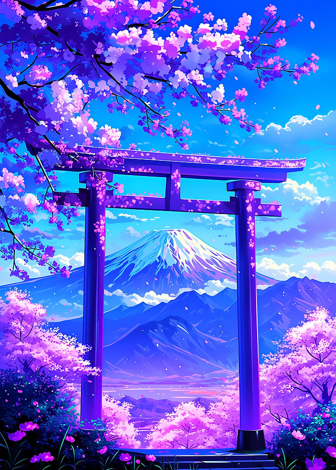 Mount Fuji with Cherry Blossoms and Torii Gate