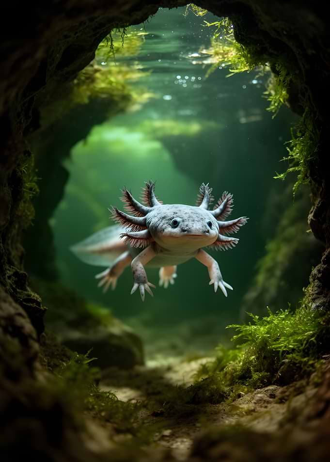 Axolotl in Underwater Cave
