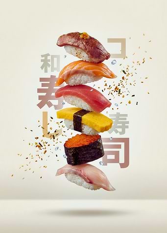 Floating Sushi Symphony with Japanese Typography