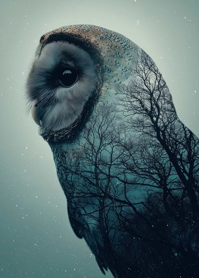Double Exposure Owl and Forest
