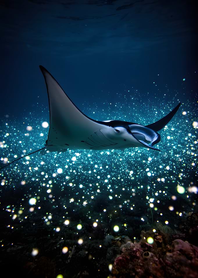 Manta Ray Swimming in Bioluminescent Water
