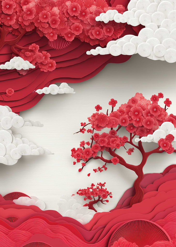 Red Cherry Blossoms and Clouds