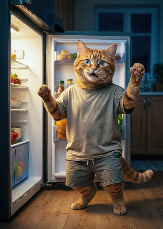 Cat in Clothes at Refrigerator