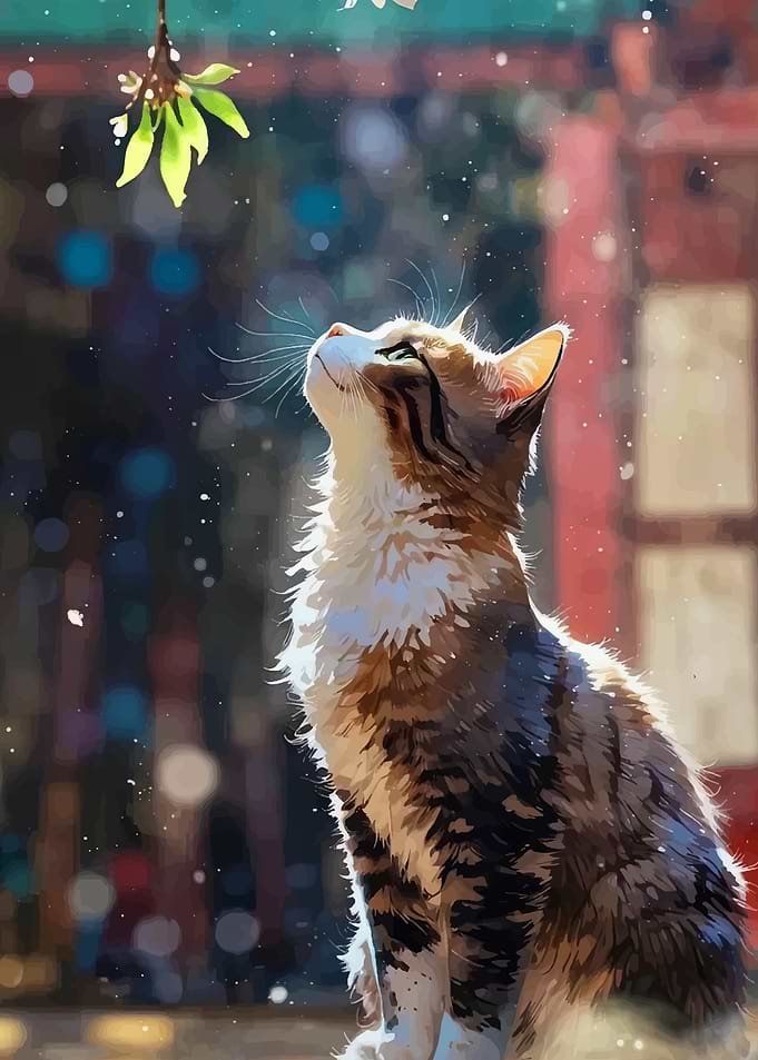 Cat looking up at leaves