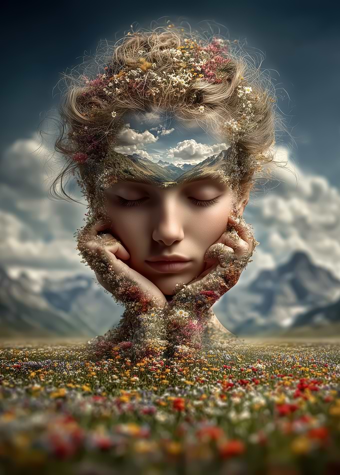 Woman's Head with Floral Landscape
