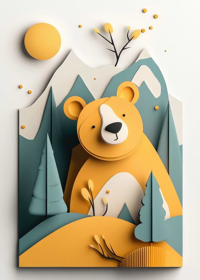 Cute Bear in Papercut Landscape
