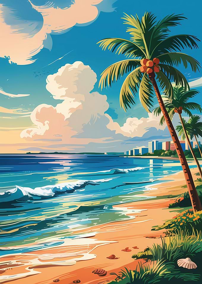 Miami Tropical Beach with Palm Trees and City Skyline