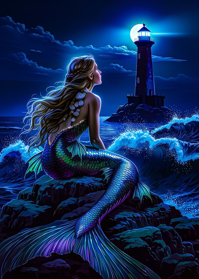 Mermaid by Lighthouse at Night