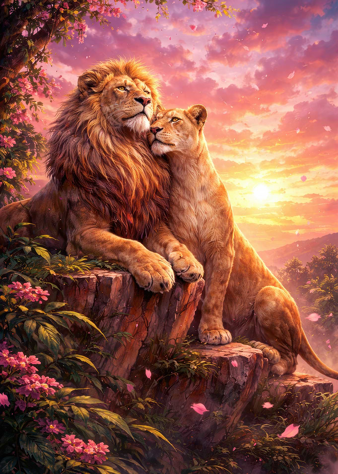 Lion Couple Embracing at Sunset