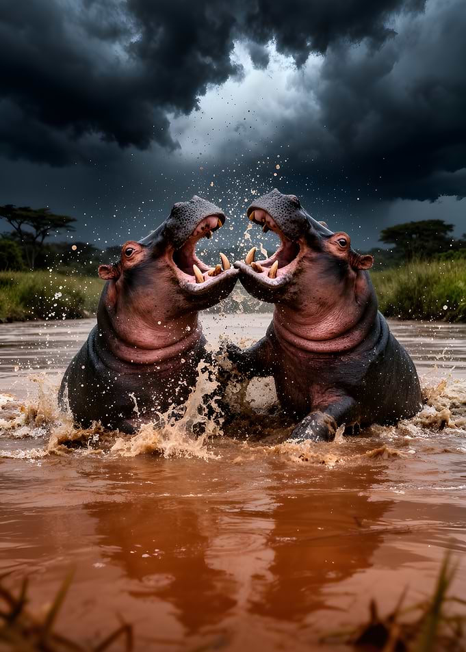 Hippos fighting in muddy water