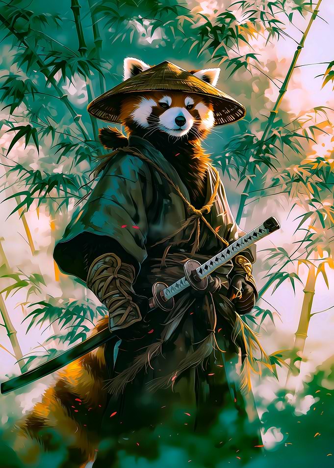 Red Panda Samurai in Bamboo Forest