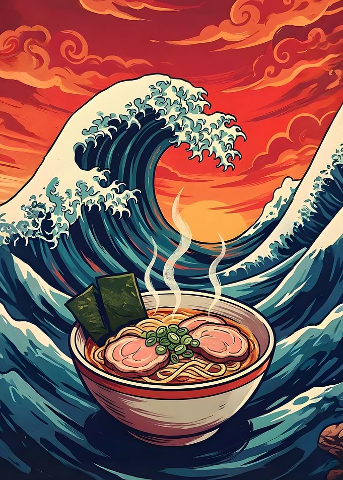 Ramen Bowl Amidst Great Wave