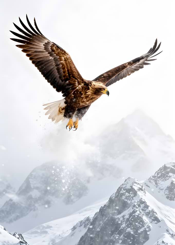 Eagle soaring over snowy mountains