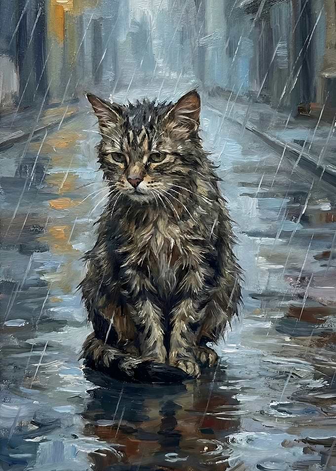 Sad Cat in the Rain