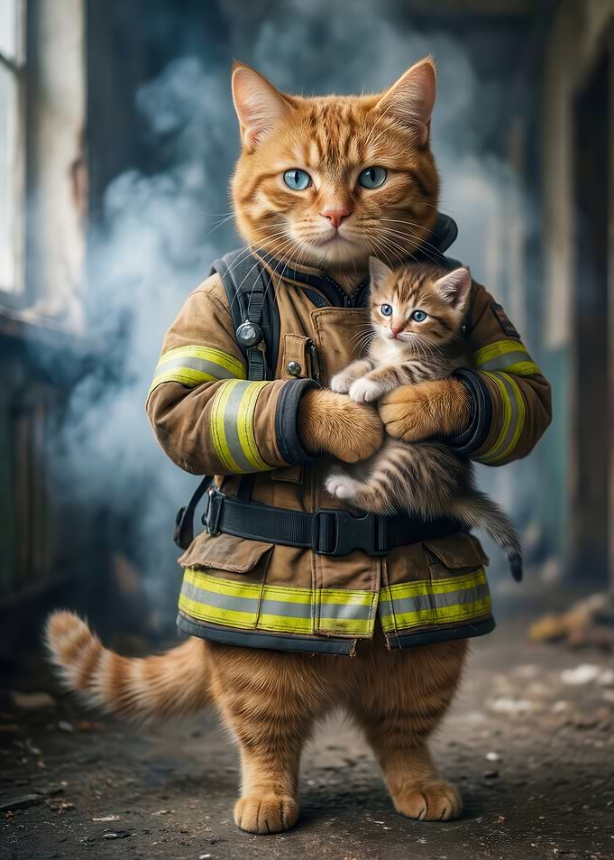 Firefighter Cat Rescues Kitten