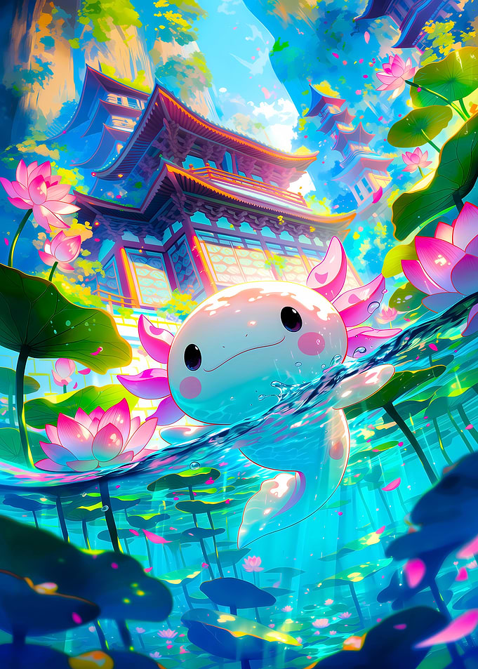 Cute Axolotl in Lotus Pond