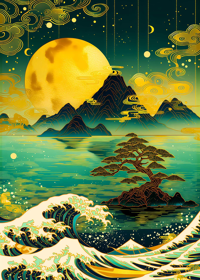 Japanese Wave and Moon Landscape