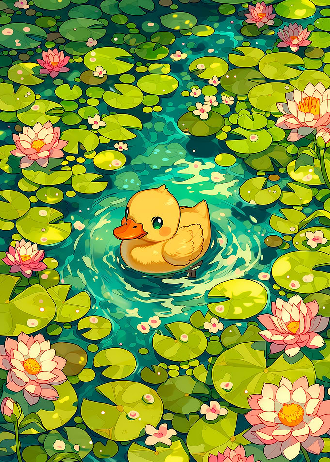 Cute Duckling in a Lily Pond