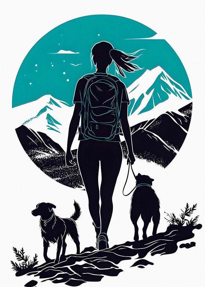 Woman hiking with dogs in mountains