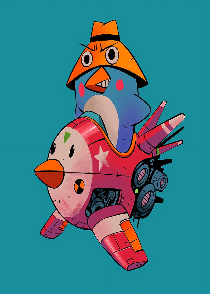 Penguin pilot in a mech suit