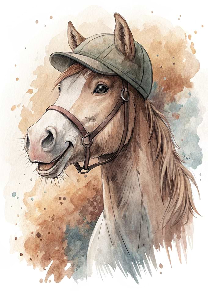 Watercolor Horse Wearing a Jockey Cap