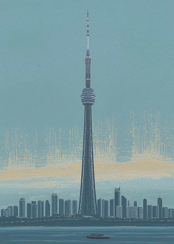 Cityscape with Tall Tower and Boat