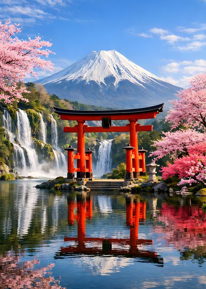 Mount Fuji with Torii Gate and Cherry Blossoms
