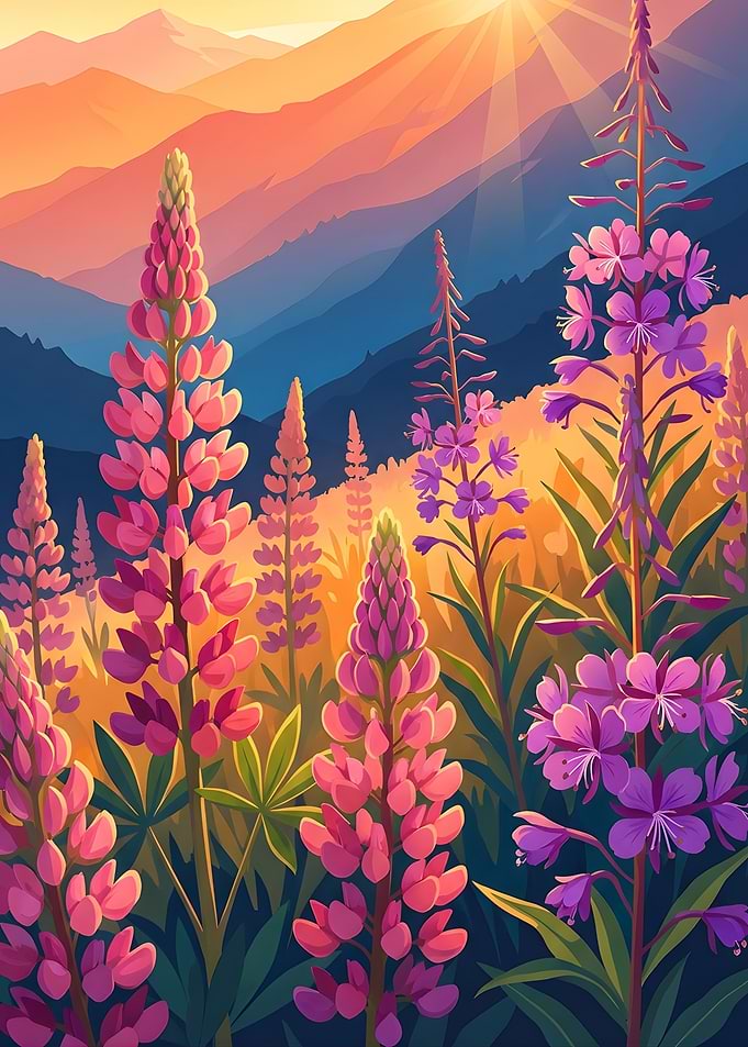 Lupine Flowers in Mountain Landscape