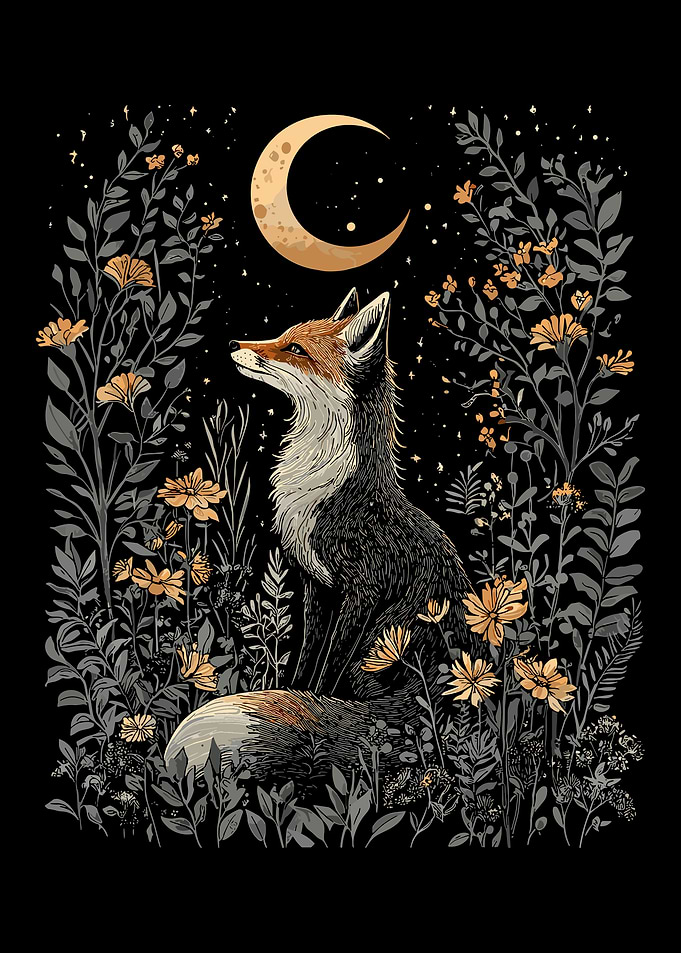 Mystical Fox Moon Poster, Celestial Forest Wall Art, Night Garden Illustration Print