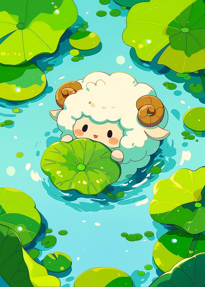 Cute Sheep in Lotus Pond