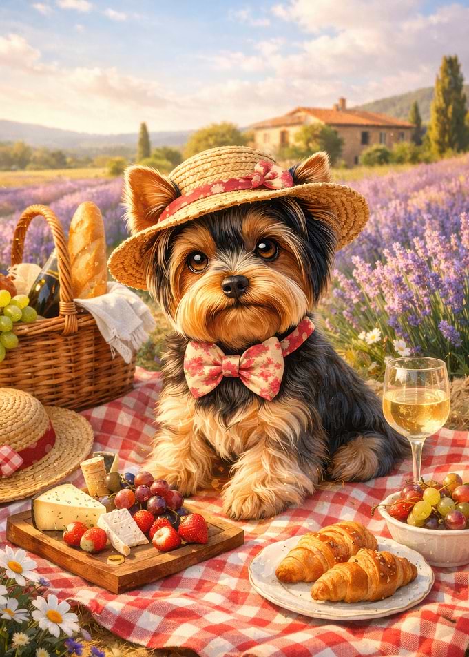 Yorkshire Terrier Picnic in Lavender Field