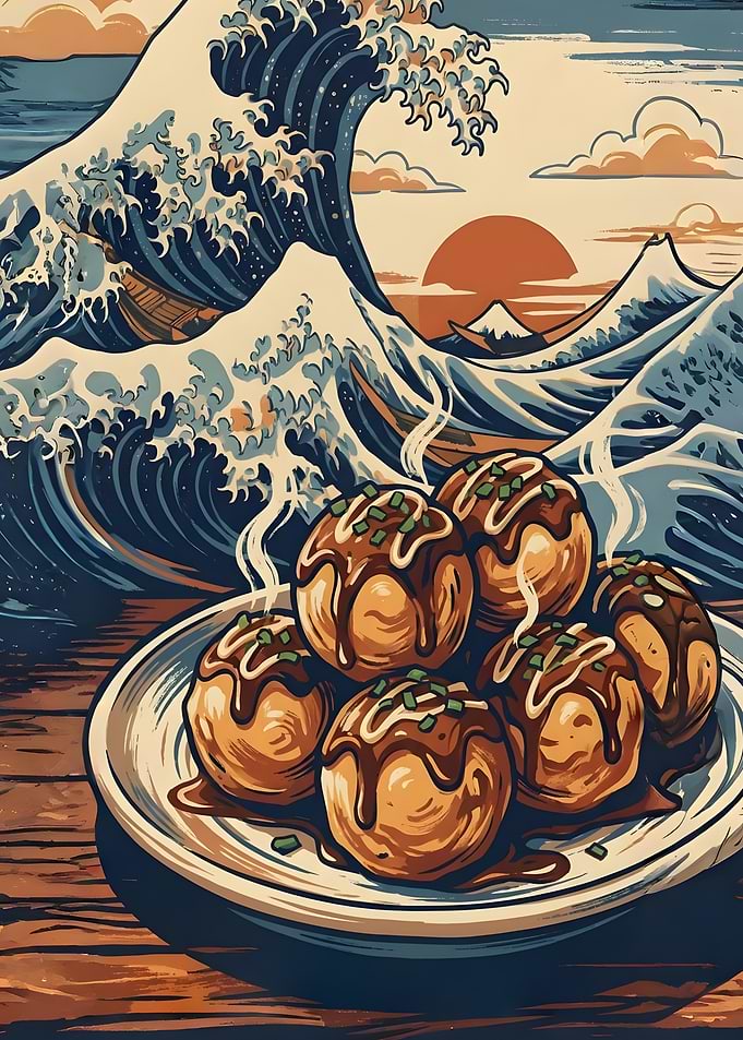 Takoyaki with Great Wave Background